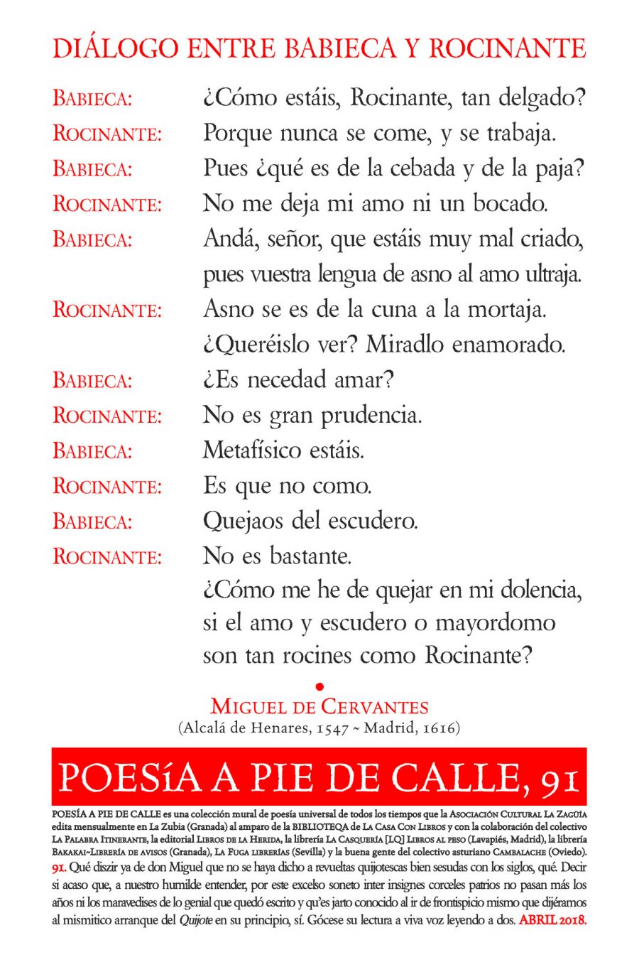 POESÍA A PIE DE CALLE, 91: Diálogo entre Babieca y Rocinante, de Miguel de Cervantes