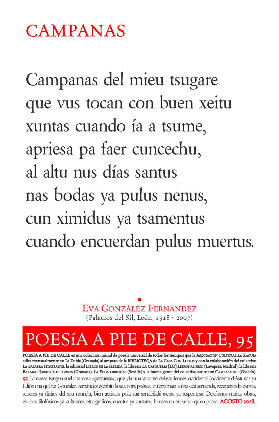 POESÍA A PIE DE CALLE, 95: CAMPANAS, DE EVA GONZÁLEZ FERNÁNDEZ