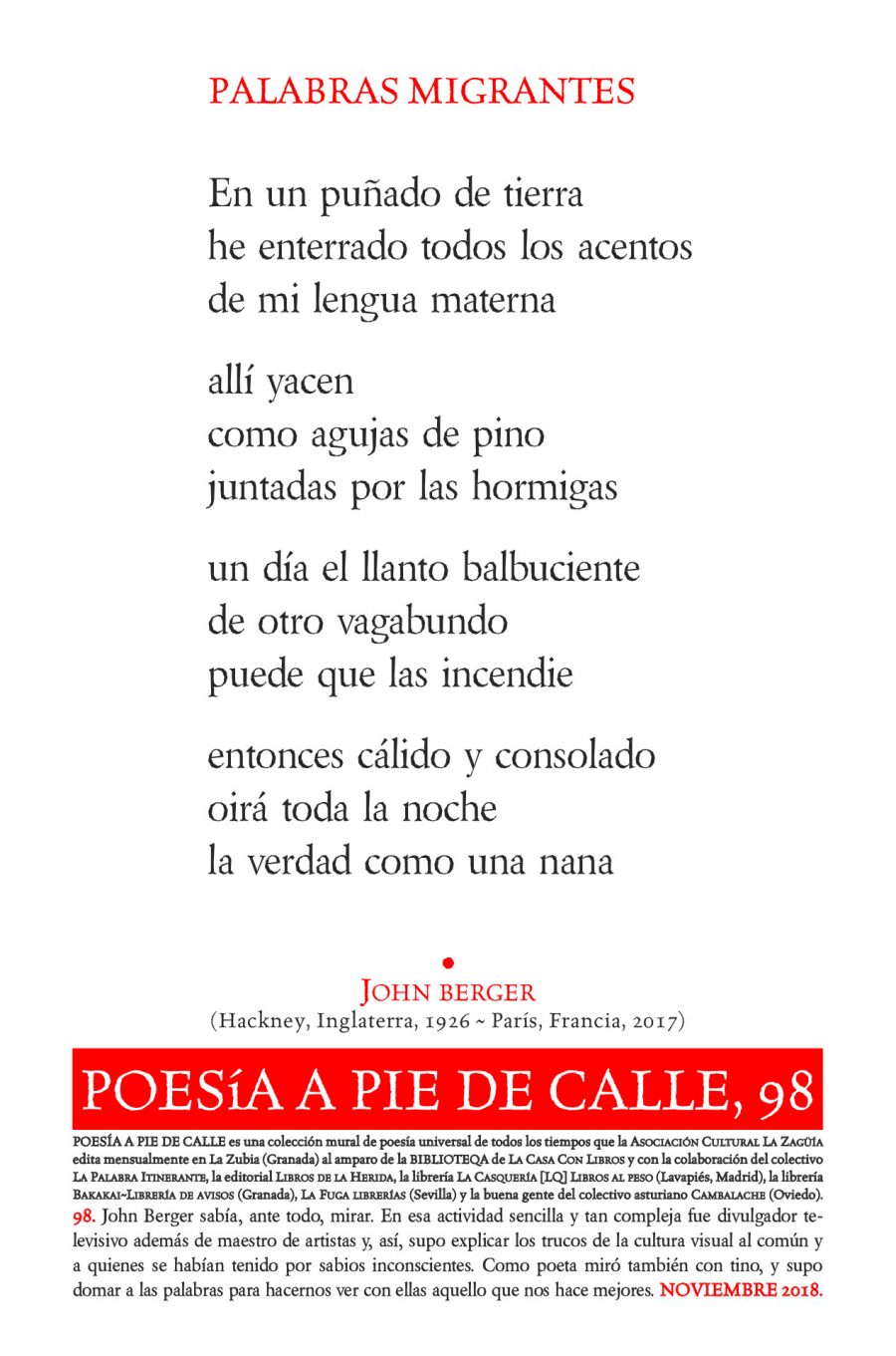 POESÍA A PIE DE CALLE, 98: PALABRAS MIGRANTES, DE JOHN BERGER