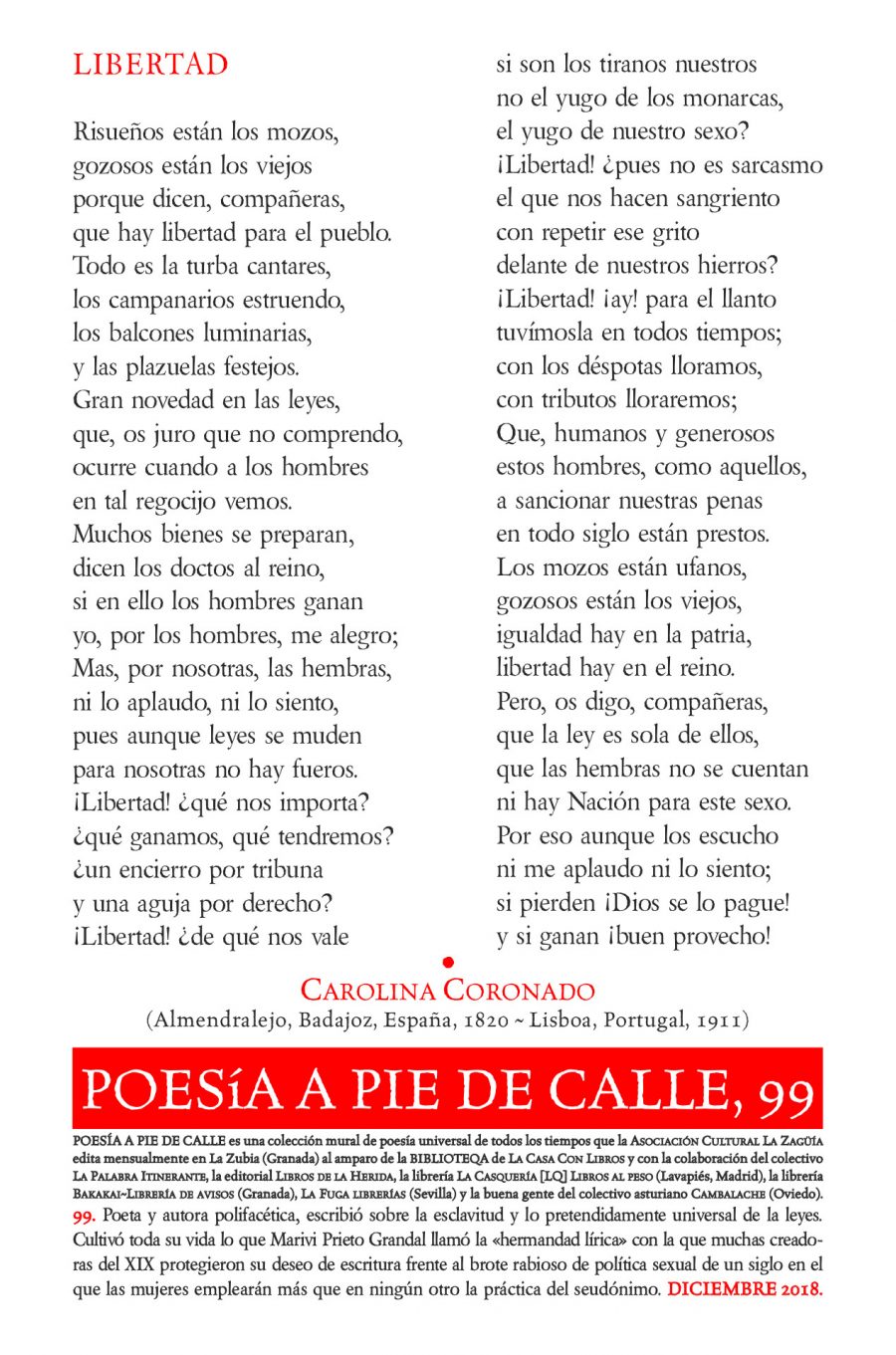 POESÍA A PIE DE CALLE, 99: LIBERTAD, DE CAROLINA CORONADO